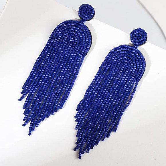 Long 4.5" Dk Blue Modern Art Deco Oversized Earrings Beaded Bohemian Tassel New - Picture 6 of 6
